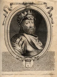 Muotokuva Childeric I:stä, Saliansin frangien kuninkaan (436-481) - CHILDERIC I:n Salian frankkien kuninkaan muotokuva - kaiverrus teoksesta "Les Augustes Representations de tous les Kings de France from Pharamond to LouisXIV", Pariisi