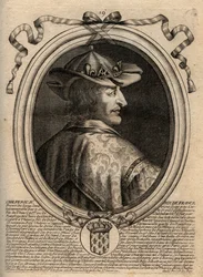 Neutrian kuninkaan Chilperic II (n. 670 - 721) muotokuva - frankkien kuninkaan CHILPERIC II -kaiverrus teoksesta "Les Augustes Representations de tous les Kings de France from Pharamond to LouisXIV", Pariisi