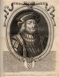Chilperic I:n (539 - 584), Neutrian kuninkaan muotokuva - Chilperic I, Merovingien Ranskan kuningas - kaiverrus teoksesta "Les Augustes Representations de tous les Kings de France from Pharamond to LouisXIV", Pariisi