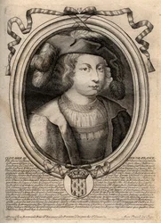 Clothaire III:n (652 - 673), Neutrian ja Burgundin kuninkaan muotokuva - Chlothar III tai Clotaire III, frankkien kuningas Merovingien talosta - kaiverrus teoksesta "Les Augustes Representations de tous les Kings de France Pharamondista LouisxIV:ään"