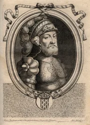 Dagobertin, frangien kuninkaan muotokuva 628-638 - Dagobert (605-39) frankkien kuningas - kaiverrus teoksesta "Les Augustes Representations de tous les Kings de France from Pharamond to LouisXIV", Pariisi