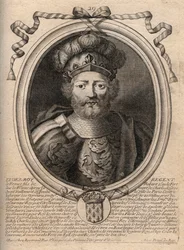 Eudeksen (Odon) muotokuva (v. 860 - 898), Pariisin ja Troyesin kreivi, silloinen Ranskan kuningas - Pariisin EUDES-kreivi valittiin Ranskan valtaistuimelle Kaarle keisarin kukistumisen jälkeen - kaiverrus teoksesta "Les Augustes Representations de tous les