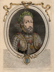 Muotokuva Henrik II:sta (1519-1559) Ranskan kuningas - Henrik II (1519-59), Ranskan kuningas - kaiverrus teoksesta "Les Augustes Representations de tous les Kings de France from Pharamond to LouisXIV", Pariisi