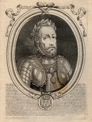 Muotokuva Henrik II:sta (1519 - 1559) Ranskan kuningas - Henrik II (1519-59), Ranskan kuningas - kaiverrus teoksesta "Les Augustes: Kaikkien Ranskan kuninkaiden esitykset Pharamondista LudvigXIV:hen", Pariisi