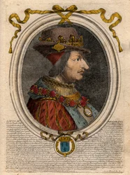 Ludvig XI:n (1423-1483), Ranskan kuninkaan muotokuva - Ludvig XI:n (1423-1483), Ranskan kuninkaan muotokuva - kaiverrus teoksesta "Les Augustes Representations de tous les Kings de France from Pharamond to LouisXIV", Pariisi