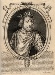 Muotokuva: Pepin III dit Pepin le Brief (714-768) Ranskan kuningas - Pepin III (714-68) (Pepin the Short) Frankin kuningas - kaiverrus teoksesta "Les Augustes Representations de tous les Kings de France Pharamondista LouisXIV:hen" 