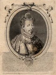Ranskan kuninkaan Henrik III:n (1551-1589) muotokuva - Ranskan kuninkaan Henrik III:n (1551-89) muotokuva - kaiverrus teoksesta "Les Augustes Representations de tous les Kings de France from Pharamond to LouisXIV", Pariisi
