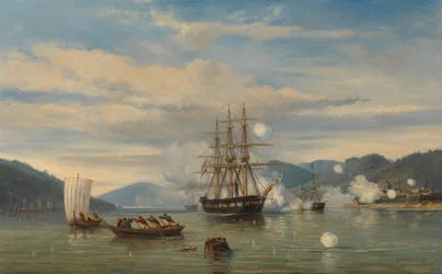 HMS:n höyrykäyttöinen taistelulaiva Medusa avaa Shimonosekin salmen HMS "Medusa" pakotti kulkemaan Shimonosekin salmen läpi Kyushun ja Honshun välillä, syyskuu 1864
