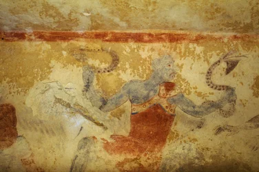 Sininen demoni käärmeillä, fresko, Sinisten demonien hauta, Tarquinian nekropolis (UNESCOn maailmanperintöluettelo, 2004), Lazio, Italia. Etruskien sivilisaatio, 5. vuosisadalla eKr. (kuva)