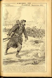 Päiväkirja Buvard du Bon Marche 1917 - Kuva Jobista (Jacques Marie (Jacques-Marie) Gaston Onfray ja Breville) (1858-1931): Marne Syyskuu 1914 - Sota 14-18, Marne, Suuret taistelut, Marnen taistelu - Sotilaat