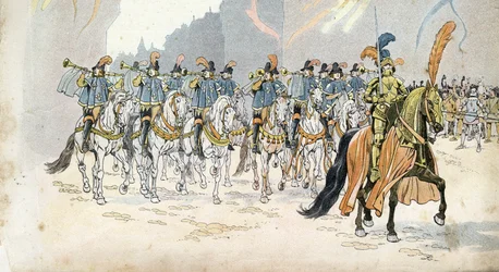 Kuningas Kaarle VI:n (1368-1422) Entrée Pariisissa säestää kolmekymmentä trumpettia. "" Ranskassa, hänen tarinansa kertoi G. Montorgueil, kuva Job""" 1896. Yksityinen kokoelma.