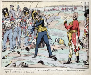 Ensimmäinen keisarikunta: kenraali Pierre Cambronne (1770-1842) lausumassa Waterloon taistelussa: "Kaarti kuolee, mutta ei antaudu"