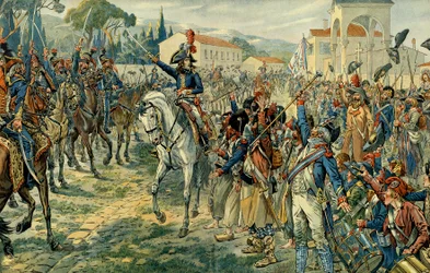 Ensimmäinen Italian sotaretki (1796-1797): Napoleon I Bonaparte (1769-1821) katsasti Italian armeijan Nizzassa 27. maaliskuuta 1796. Kuvitus: Jacques Marie Gaston Onfray de Bréville, lisänimeltään JOB (1858-1931). Yksityiskokoelma