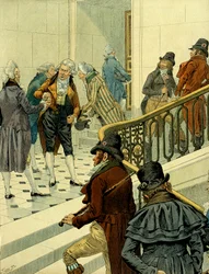 Napoleon I Bonaparten (1769-1821) ensimmäinen valtakunta: palaavien siirtolaisten ja entisten vallankumouksellisten tapaaminen tuileries-portaissa. Kuvitus: Jacques Marie Gaston Onfray de Breville dit JOB (1858-1931). Yksityinen kokoelma