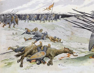 Ranskan ja Englannin sota (1202-1214): Sotilaat, jotka kuolivat Bouvinesin taistelussa 27.7.1214, joka vastusti Philippe Augusten ranskalaista armeijaa Othon IV:n flaamilaisia ja Welfiä vastaan. teoksessa "Ranska, sen tarinan kertoi G. Montorgueil, kuva Jo