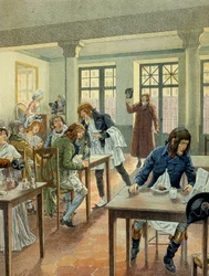 Ranskan vallankumous 1789: Napoleon I Bonaparte (1769-1821) nuori gargotier Justatissa, rue des petits peres (Petits-Peres) -kadulta Pariisissa, pienennetty yhdeksi ruokalajiksi, josta hän maksoi 6 annoksen alla. Kuvitus: Jacques Marie Gaston Onfray de