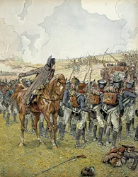 Saksan kampanja vuonna 1813: Napoleon I Bonaparte (1769-1821) Lutzenin taistelussa 2. toukokuuta 1813 komensi armeijaansa ennen voittoa. Georges Montorgueilin teoksessa "Napoleon". Kuvitus: Jacques Marie Gaston Onfray de Breville dit JOB (1858-1931)
