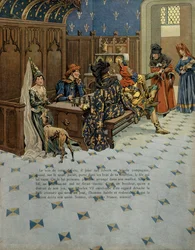 Ranskan historia keskiajalla (keskiaika): Ludvigin syntymä (silloin Ranskan kuningas Ludvig XI, jota kutsuttiin Prudentiksi (1423-1483). Hän on isänsä kuningas Kaarle VII:n (1403-1461) luona. Kuvitus: Jacques Marie Gaston Onfray de Breville töissä (1858