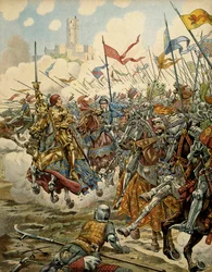 Ranskan historia keskiajalla: Varovaiseksi kutsuttu kuningas Ludvig XI (1423-1483) armeijansa johdossa Montlhéryn taistelussa Ligue du Bien Publicia vastaan, 16. heinäkuuta