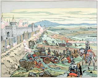 Kuvitus kirjasta "" Le bon roy Henri", kuvittanut Jacques Marie Gaston Onfray de Breville dit JOB (1858-1931): Henri IV hyökkää Pariisin faubourgiin vuonna 1590 - Yksityinen kokoelma