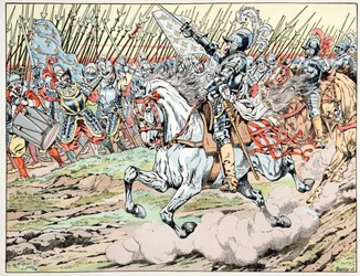 Kuva otettu kirjasta "" Le bon roy Henri"", kuvittanut Jacques Marie Gaston Onfray de Breville dit JOB (1858-1931): Henri IV ennen armeijaansa: Seuraa mon plume blanc - Yksityinen kokoelma