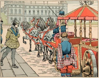 Kuva otettu kirjasta "" Le bon roy Henri"", kuvittanut Jacques Marie Gaston Onfray de Breville dit JOB (1858-1931): 14. toukokuuta 1610 Henri IV aikoo ratsastaa peittämättömässä vaunussaan - Yksityinen kokoelma