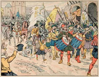 Kuva otettu kirjasta "" Le bon roy Henri"", kuvittanut Jacques Marie Gaston Onfray de Breville dit JOB (1858-1931): Henri IV:n kirjoittama Pariisissa 21. maaliskuuta 1594 - Yksityinen kokoelma