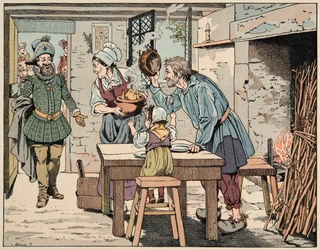 Kuvitus kirjasta "Le bon roy Henri", kuvittanut Jacques Marie Gaston Onfray de Breville dit JOB (1858-1931): Henri IV talonpoikien syömässä kanaa kattilassa - Yksityiskokoelma