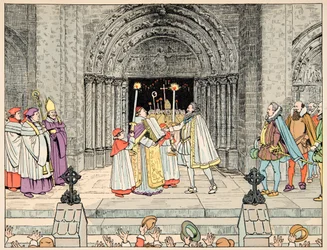 Kuva otettu kirjasta "Le bon roy Henri", kuvittanut Jacques Marie Gaston Onfray de Breville dit JOB (1858-1931): Henri IV, Basilica Saint Denis hylkää uskontonsa ja käännynnäiset - Yksityinen kokoelma