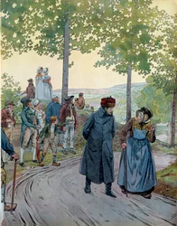 Tararessa keisari Napoleon I Bonaparte (1769-1821) kääntyy vanhan kunnon miehen kanssa, joka ei arvannut keisaria, tässä porvarillisessa puvussa matkustajan hatussa kysyen häneltä, mitä hyötyä oli vaihtamisesta Capetin ja Napoleonin välillä. vastasi hänell