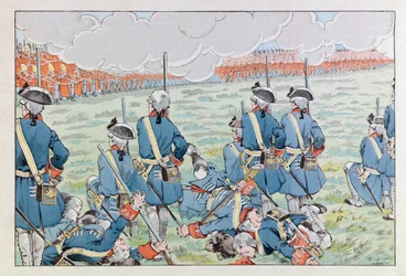 Jacques Marie Gaston Onfray de Brevillen TYÖSSÄ (1858 - 1931); Kuvitus kirjasta "Les epees de France": Fontenoyn taistelu 11. toukokuuta 1745; Coll, osa