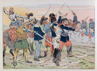Jacques Marie Gaston Onfray de Breville nimeltä JOB (1858 - 1931); Kuvitus kirjasta "Les epees de France": Allegoria Ranskan loistosta vuoden 1914 karvaisille ihmisille; Kerää, jaa