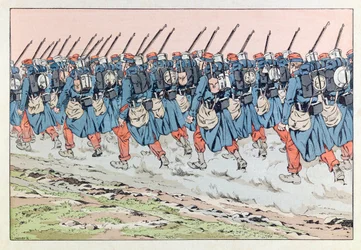 Jacques Marie Gaston Onfray de Breville nimeltä JOB (1858 - 1931); Kuvitus kirjasta ""Les epees de France"": Karvaiset 14-vuotiaat matkalla etupuolelle; Kerää, jaa