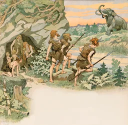 Jacques Marie Gaston Onfroy de Breville dit JOB (1858-1931) - Esihistorian aikana luolamiehet suojelivat perheitään mammutin hyökkäykseltä, Private Collection