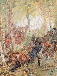 Jacques Marie Gaston Onfroy de Breville dit JOB (1858-1931) - George Washington Monongahelan taistelussa ranskalaisia vastaan 9. heinäkuuta