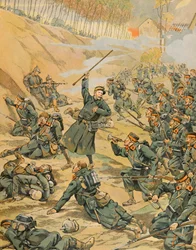Jacques Marie Gaston Onfroy de Breville dit JOB (1858-1931) - Belgian historia: Schoorbakke Tervaete -silmukan puolustaminen jalkaväen toimesta Yserin taistelun aikana vuonna 1914, yksityinen kokoelma