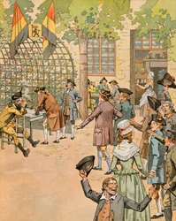Jacques Marie Gaston Onfroy de Breville dit JOB (1858-1931) - Belgian historia: Vapaaehtoisten värvääminen patrioottien armeijaan cafe du Coffyssa, yksityinen kokoelma