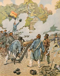 Jacques Marie Gaston Onfroy de Breville dit JOB (1858-1931) - Belgian historia: Jean Joseph Charlier (1794 - 1866) sanoo, että puujalka osoittaa tykistönsä Brysselin puistoon syyskuussa 1830 kokoontuneita hollantilaisia joukkoja vastaan, yksityinen Col