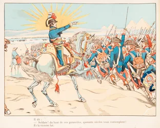Jacques Marie Gaston Onfroy de Bréville, lisänimeltään JOB (1858-1931) - Napoleon Bonaparte pyramidien taistelussa vuonna 1798, yksityiskokoelma