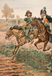 Jacques Marie Gaston Onfroy de Breville dit JOB (1858-1931) - Ranskan joukkojen asu koko ajan: Cavalier Vendeen ja piqueur (tai Piconnier) Germanique-legioonan hevosella (1793), yksityinen kokoelma