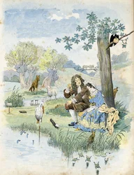 Jean de La Fontaine (Lafontaine) (1621-1695) puhuu nuoren tytön kanssa. Heidän ympärillään runoilijan taruissa esiintyvät eläimet: susi, lammas, haikara, kilpikonna, rotta, sammakko, jänis, kettu, korppi... "" Ranskassa, hänen tarinansa kertoi G. Montorgue