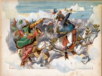 Joachim Murat (1767-1815) vangitsi Abukirin taistelussa vuonna 1799 Egyptin sotaretken (Egyptin retkikunnan) aikana kenraali Mustapha Pashan saatuaan itse luodin leukaansa; taistelun jälkeen hänet ylennettiin divisioonankenraaliksi. Kaiverrus: Jacques