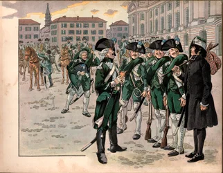 Joachim Murat (1767-1815) liittyi Ardennien metsästäjien rykmenttiin vuonna 1787. Kaiverrus Jacques Marie Gaston Onfray de Breville dit Job (1858-1931)