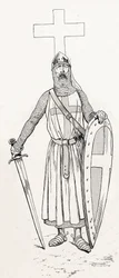 Ludvig IX:n ritari, joka tunnetaan nimellä Saint Louis (1214-1270) ristiretken asussa. Kuvitus Jobista (Jacques Marie Gaston Onfray ja Breville) (Jacques-Marie) (1858-1931) kirjalle "Les grands mots historique du pays de France" 1915. Privee Collection.