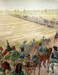 Napoleon I Bonaparte (1769-1821) ja hänen armeijansa ohittivat Reinin 1. lokakuuta 1805. Georges Montorgueilin teoksessa Napoleon. Kuvitus: Jacques Marie Gaston Onfray de Breville dit JOB (1858-1931)