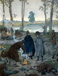 Napoleon I Bonaparte (1769-1821) bivouaceissa Waterloon taistelun aattona vuonna 1815. Georges Montorgueilin teoksessa Napoleon. Kuvitus: Jacques Marie Gaston Onfray de Breville dit JOB (1858-1931)