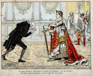 Napoleon ja notaari Raguideau kruunajaisaamuna, 1804 - Jobin (Jacques Onfroy de Bréville) litografia teoksesta ”Le Grand Napoléon des Petits Enfants”, 1893