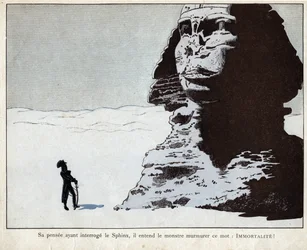 Napoleon tutkii sfinksiä Egyptissä - litografia teoksesta "Le Grand Napoléon des petits enfants", 1893