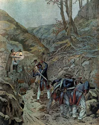 Preussia Campaign (1806): Sotajoukot työskentelivät tykkikäytävän laajentamiseksi Iena-vuoren juurella taistelun aattona (joka heräsi 14. lokakuuta