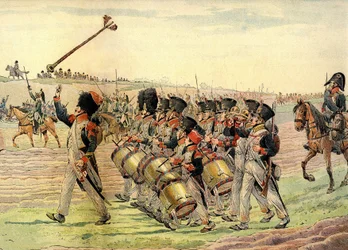 Napoleonin armeijan rykmentti marssii musiikin soidessa taisteluun, noin 1900